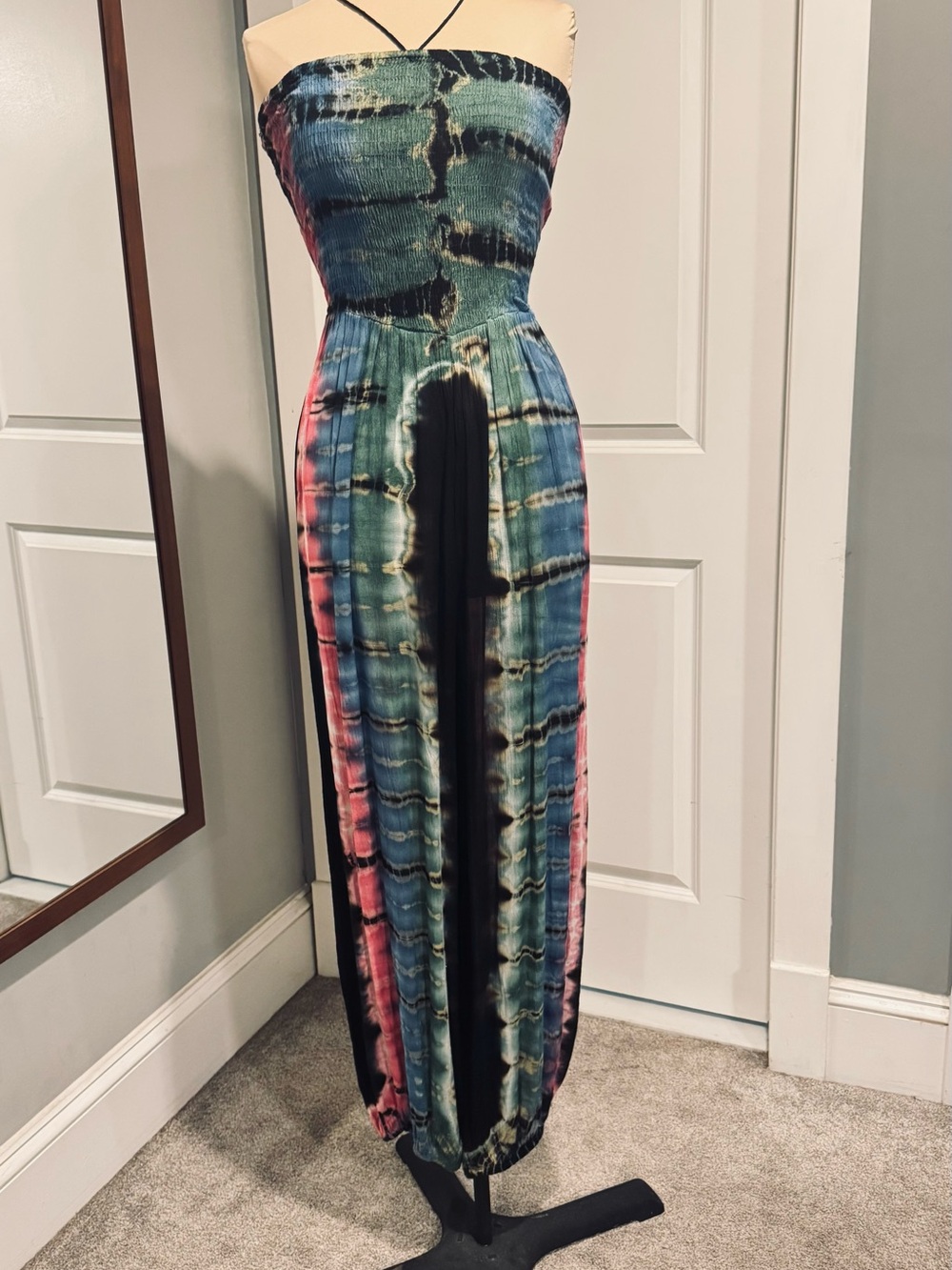 Angie Smock Top Tie Dye Halter or strapless jumpsuit blues, blacks, pinks, XL - Picture 2 of 9